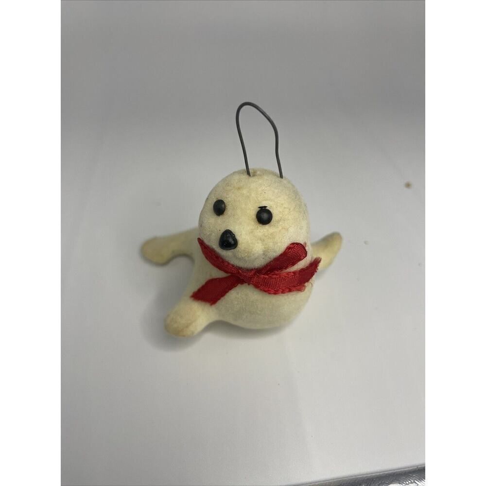 Vintage Snowy Seal Flocked Christmas HolidayβOrnamentβ 1984